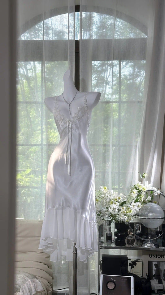 White Mermaid Spaghetti Strap Beaded Satin Chiffon Short Homecoming Dress Wedding Guest Dress DP3810