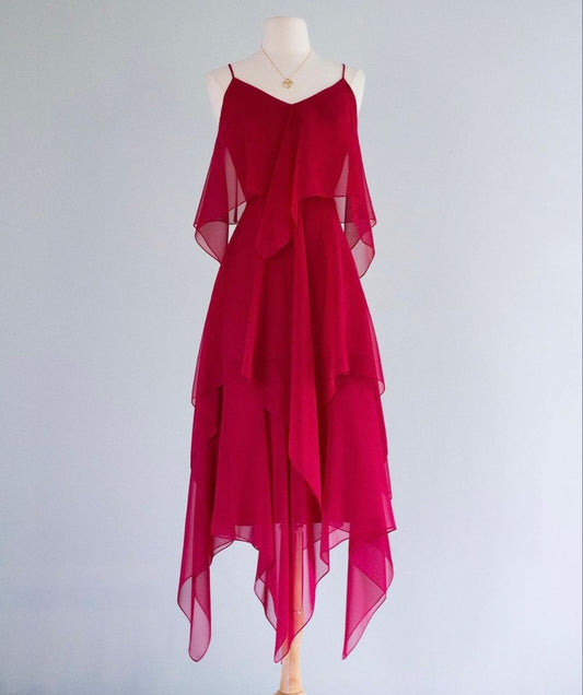 Flowy Burgundy A Line Spaghetti Strap Layered Chiffon Prom Dress Party Dress DP4136