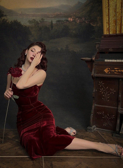 Classic Mermaid Spaghetti Strap Burgundy Velvet Tea Length Party Dress Prom Dress Formal Gown DP3729