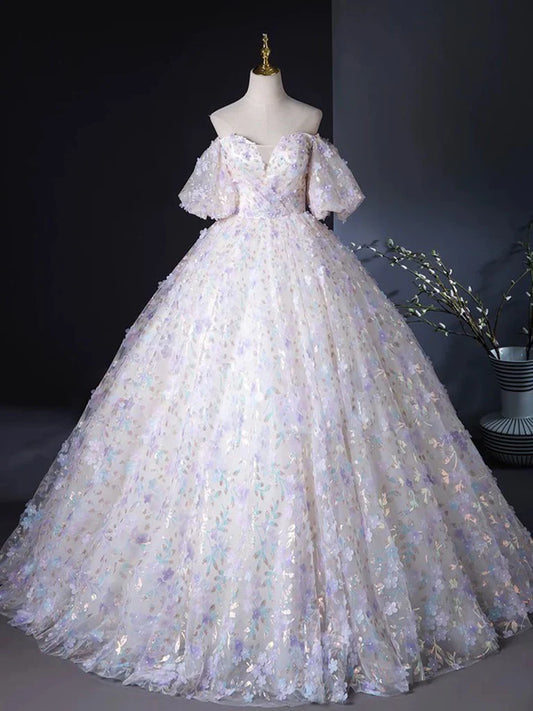 A Line Puff Sleeves Sweetheart Neck Appliques Tulle Long Prom Dress Ball Gown DP1059