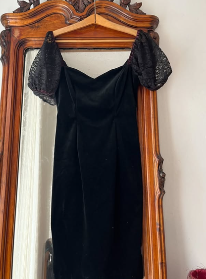 Vintage Sheath Puff Sleeve Black Velvet Knee Length Prom Dress Evening Dress DP5728