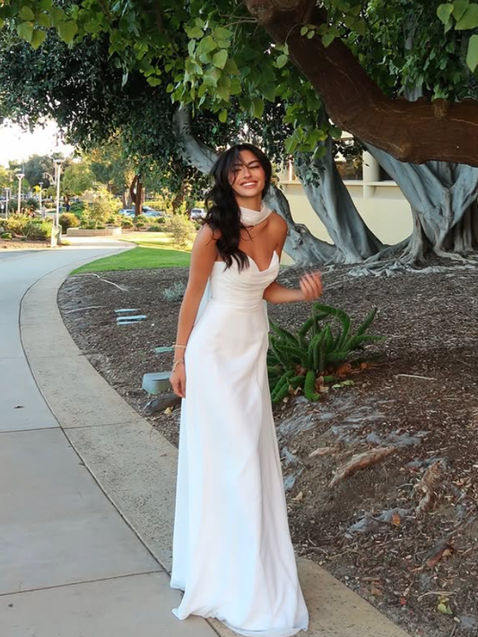 Gentle White A Line Sweetheart Neck Chiffon Prom Dress Evening Dress Date Dress DP6186