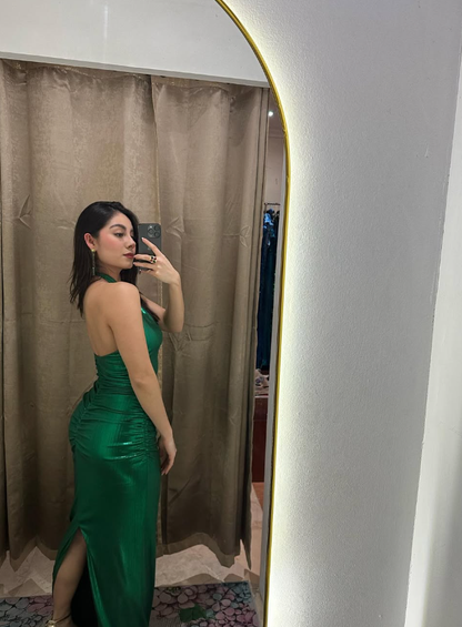 Charming Sheath Halter Green Satin Open Back Long Prom Dress Evening Dress DP1735