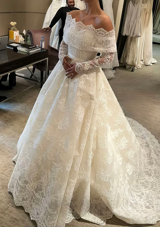 White A Line Off the Shoulder Long Sleeve Lace Long Prom Dress Wedding Dress DP8016