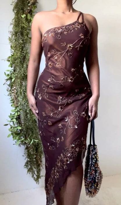 Retro Brown Exquisite Beaded Sheath One Shoulder Homecoming Prom Dress Date Dress DP3055