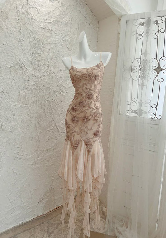 Charming Mermaid Spaghetti Straps Ruffle Light Brown Chiffon Party Dress Evening Dress DP2315
