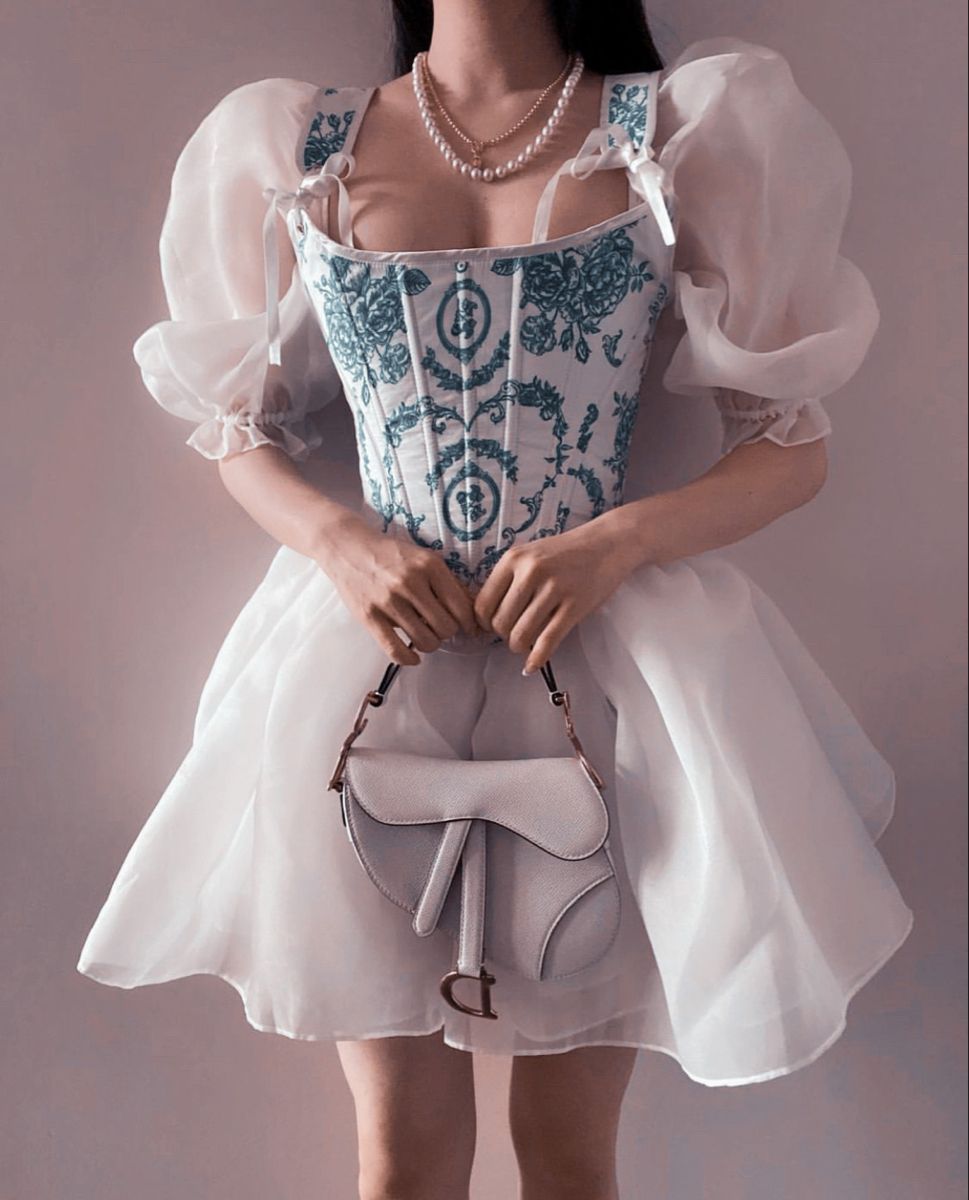 Cute A Line Puff Sleeve White Organza Blue Print Satin Short Prom Dress Homecoming Dress DP7010