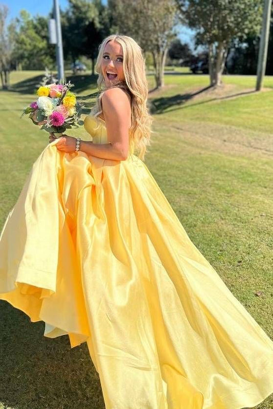 Yellow A Line Sweetheart Corset Satin Prom Dress DP822