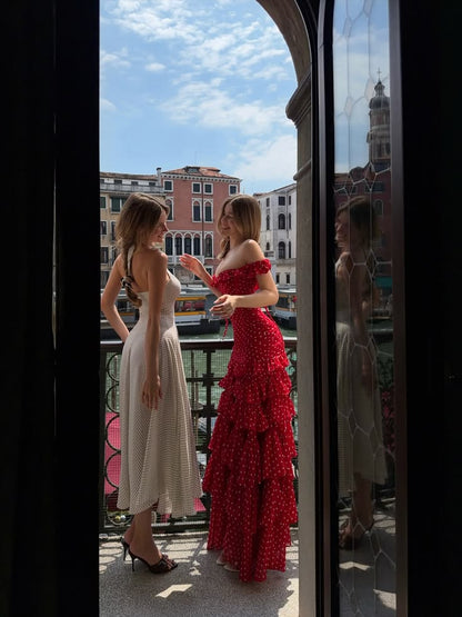 Charming Red Polka Dot A Line Off the Shoulder Layered Chiffon Prom Dress Evening Dresses DP7581