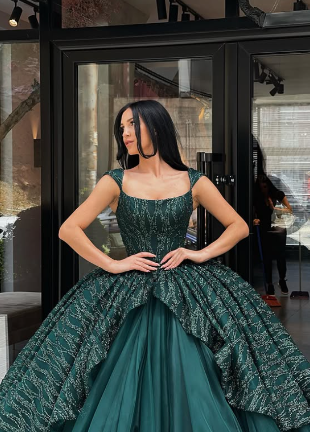 Princess Hunter Green Ball Gown Sequin Tulle Prom Dress 16th Birthday Dress DP5395