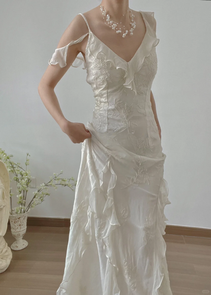 Flowy Mermaid Strap Beaded Ruffle Satin Long Prom Dress Evening 18th Birthday Dress DP3348