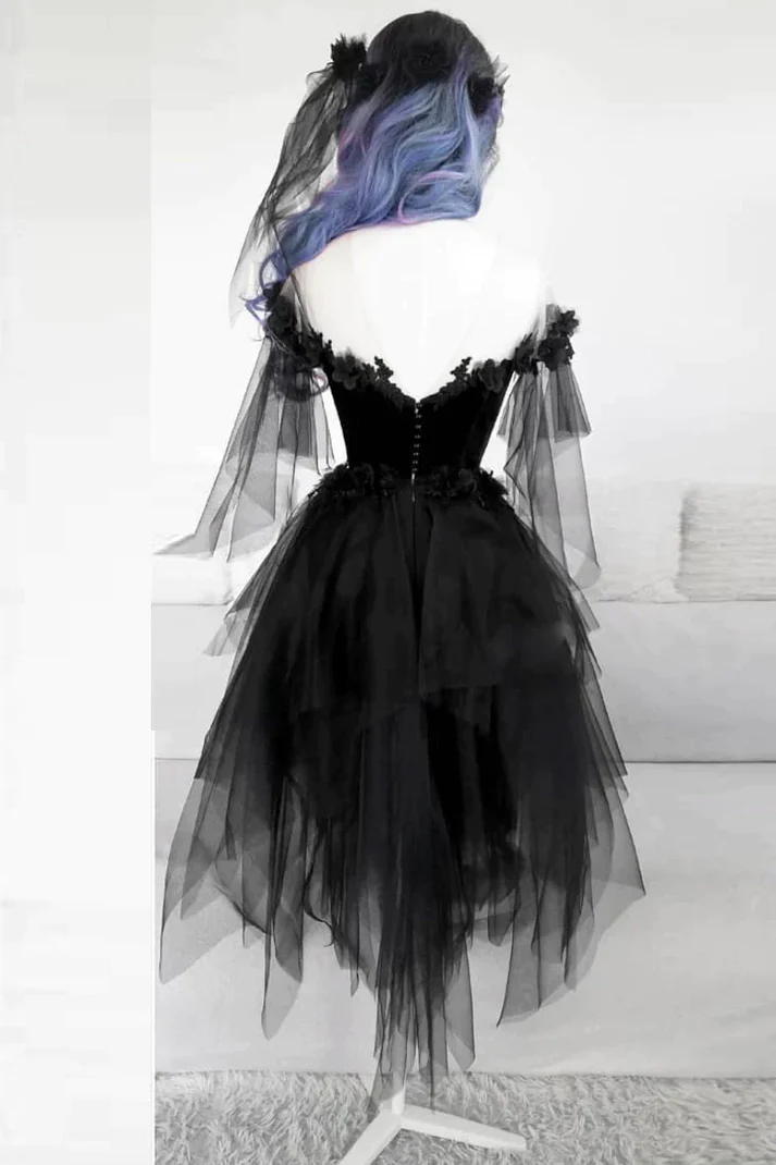 Unique Black Off The Shoulder Layered Tulle Homecoming Dress Short Prom Dress  DP054