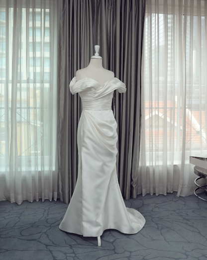 Elegant Mermaid Off the Shoulder Satin Long Sweep Wedding Dress DP1870