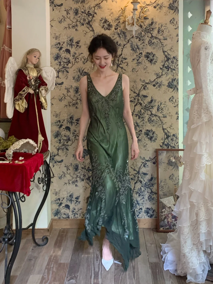 Vintage Mermaid V Neck Beaded Dark Green Chiffon Satin Prom Dress Party Dress DP3705