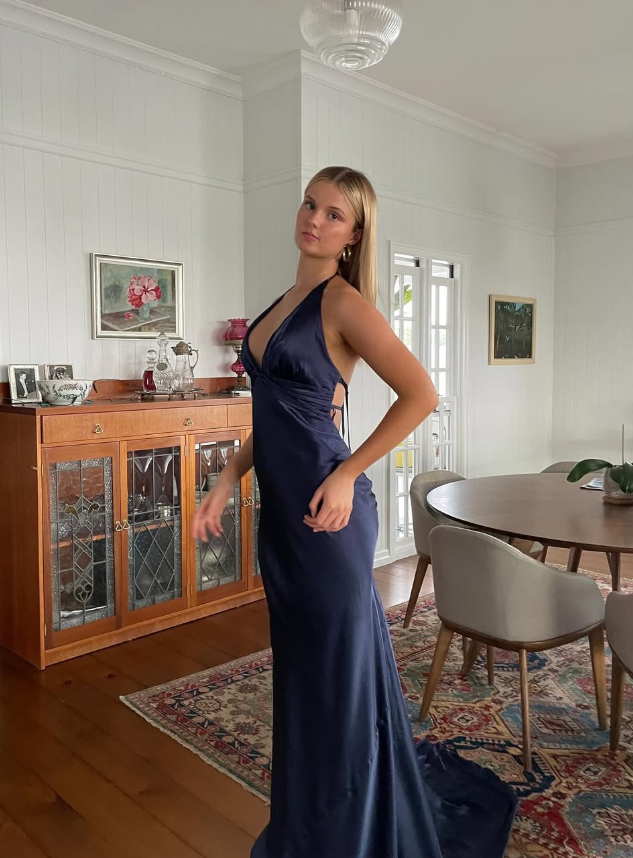 Navy Blue Sheath V Neck Satin Open Back Long Sweep Prom Dress Graduation Prom Dress DP2166