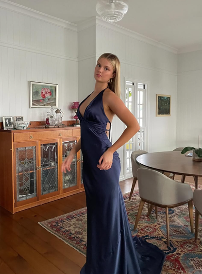 Navy Blue Sheath V Neck Satin Open Back Long Sweep Prom Dress Graduation Prom Dress DP2166