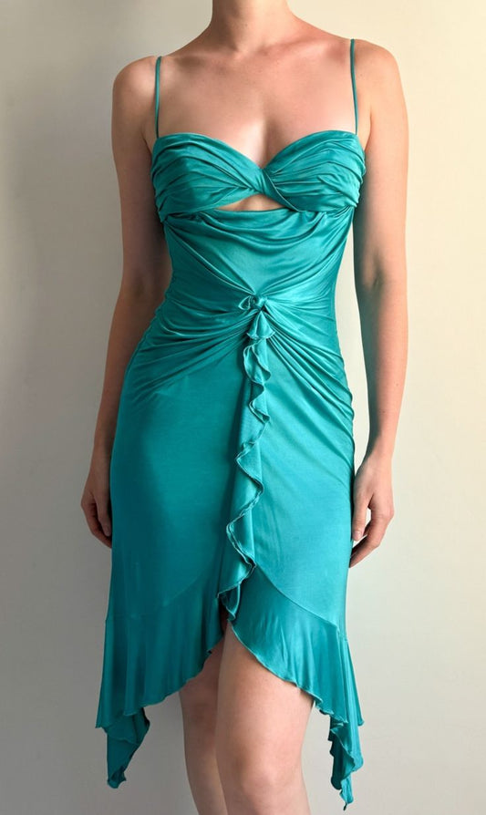 Lake Blue A Line Spaghetti Strap Ruffle Satin Homecoming Dress Cocktail Dress DP5479