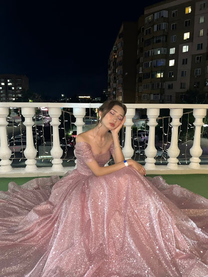 Pink Ball Gown Off the Shoulder Sequin Prom Dress Evening Dress DP8050