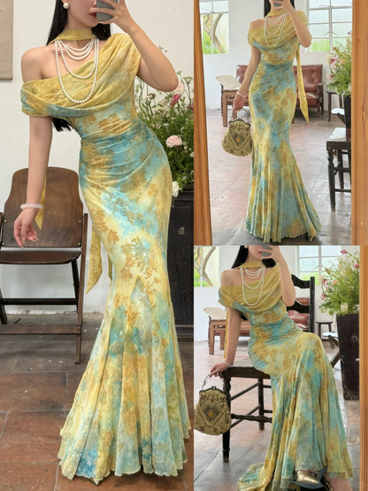 Unique Blue-green Ombre Mermaid Print Floral Chiffon Prom Dress Evening Dress DP6456