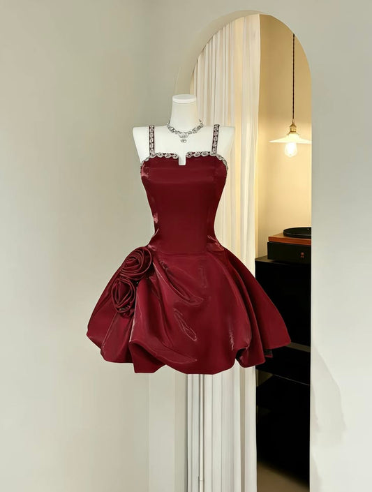 Burgundy A Line Straps Rose Beaded Satin Short Homecoming Dress DP5687