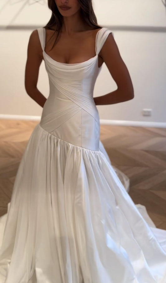 Unique Ball Gown Spaghetti Strap White Chiffon Satin Long Wedding Dress DP4328