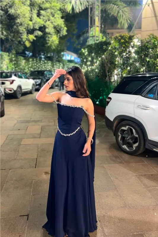 Navy Blue A Line Rhinestone Straps Satin Long Prom Dress Date Dress DP6635