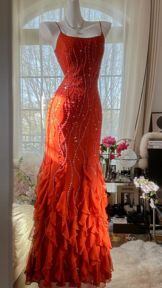 Romantic Orange Mermaid Spaghetti Strap Beaded Ruffle Chiffon Prom Dress Evening Dress DP2883