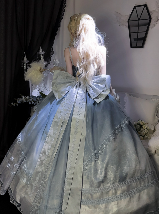 Stunning Blue Bow A Line Lace Tulle Lolita Goth Boning Dress Prom Dress DP4505