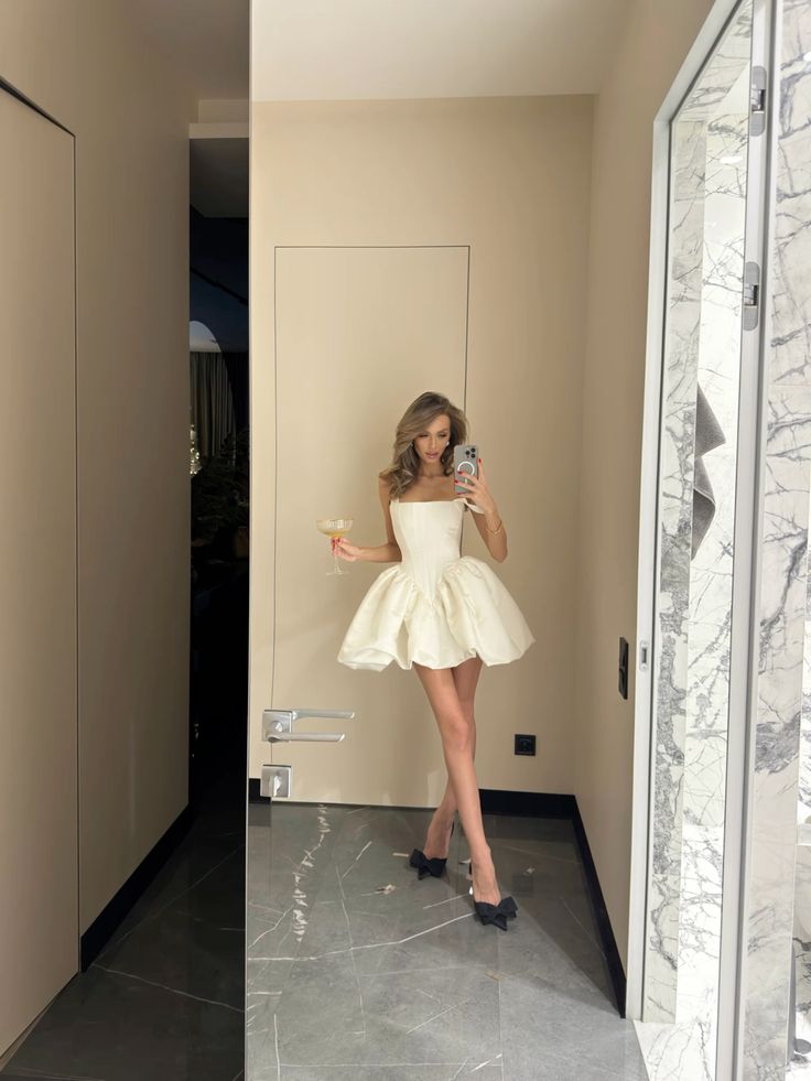 Simple Ivory A Line Strapless Satin Short Prom Dress Homecoming Dress DP7859