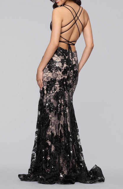 Stunning Black Mermaid Spaghetti Strap Sequin Tulle Long Prom Dress DP8148