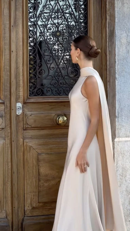 Elegant A Line Round Neck Ivory Satin Long Prom Dress Party Dresses Formal Gown DP3662