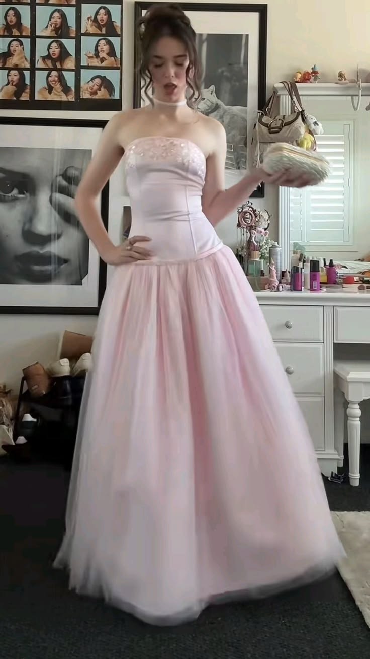 Vintage A Line Strapless Beaded Light Pink Satin Tulle Prom Dress DP8131