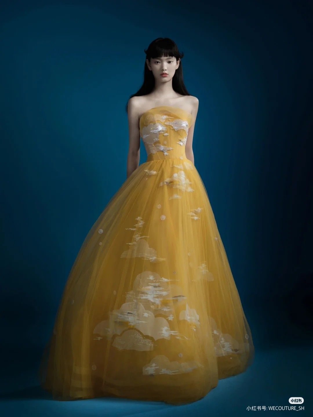Yellow A Line Strapless White Appliques Tulle Long Prom Dress Party Dress DP4304