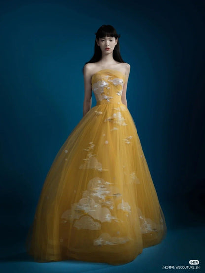 Yellow A Line Strapless White Appliques Tulle Long Prom Dress Party Dress DP4304