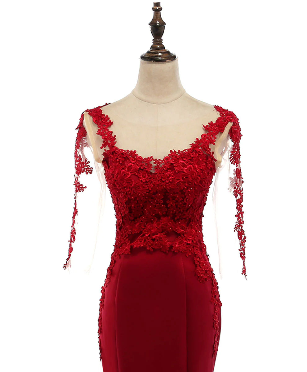 Burgundy Mermaid Round Neck Lace Satin Long Prom Dress Formal Dress DP1161