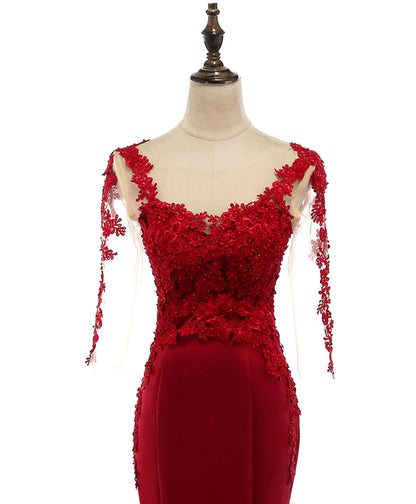 Burgundy Mermaid Round Neck Lace Satin Long Prom Dress Formal Dress DP1161