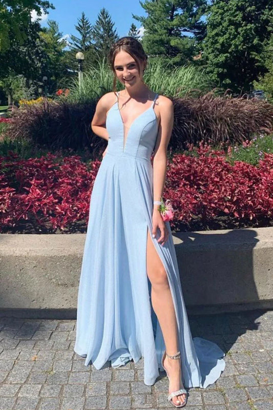 Elegant A Line Spaghetti Straps Chiffon Prom Dresses With Slit DP851
