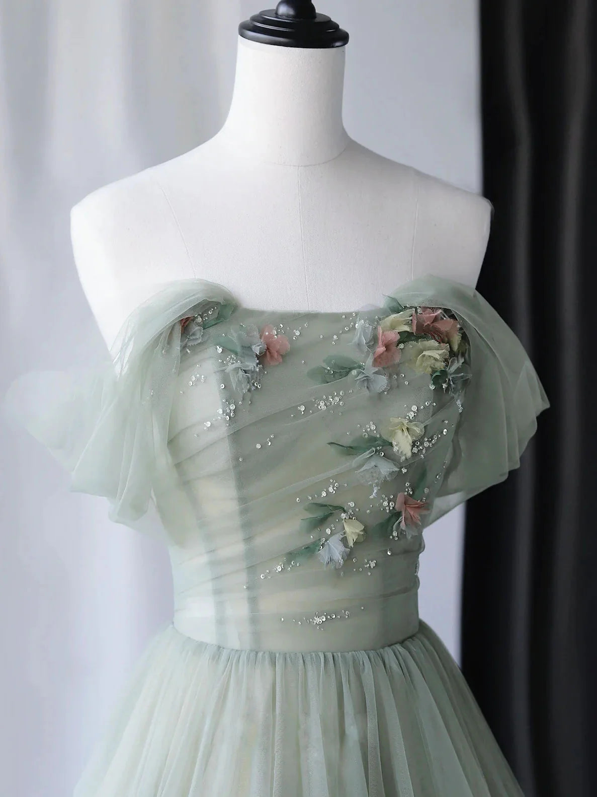 Gray Green Tulle Off Shoulder Long Prom Dress, Gray Green Formal Graduation Dresses DP3364