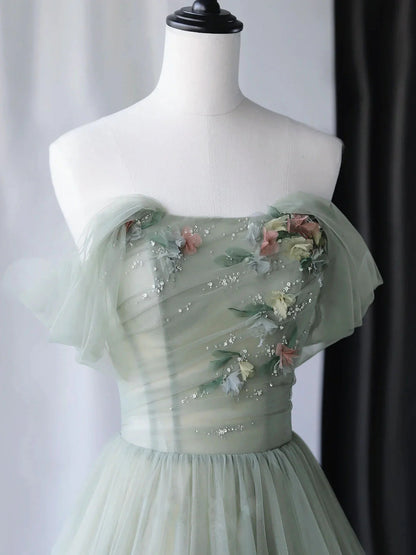 Gray Green Tulle Off Shoulder Long Prom Dress, Gray Green Formal Graduation Dresses DP3364