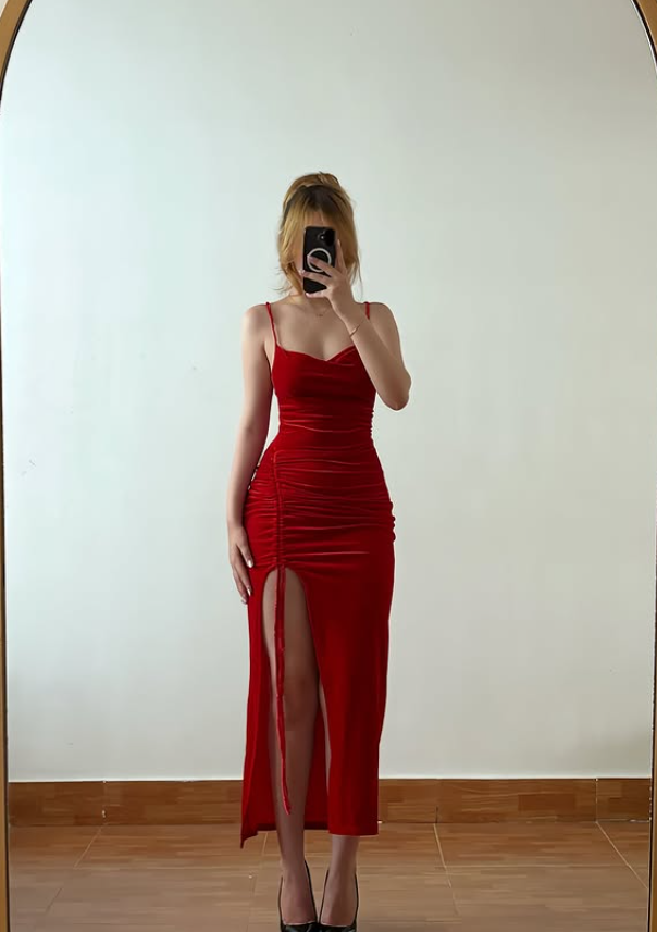 Simple Elegant Sheath Spaghetti Straps Velvet Prom Dress Evening Dress DP6147