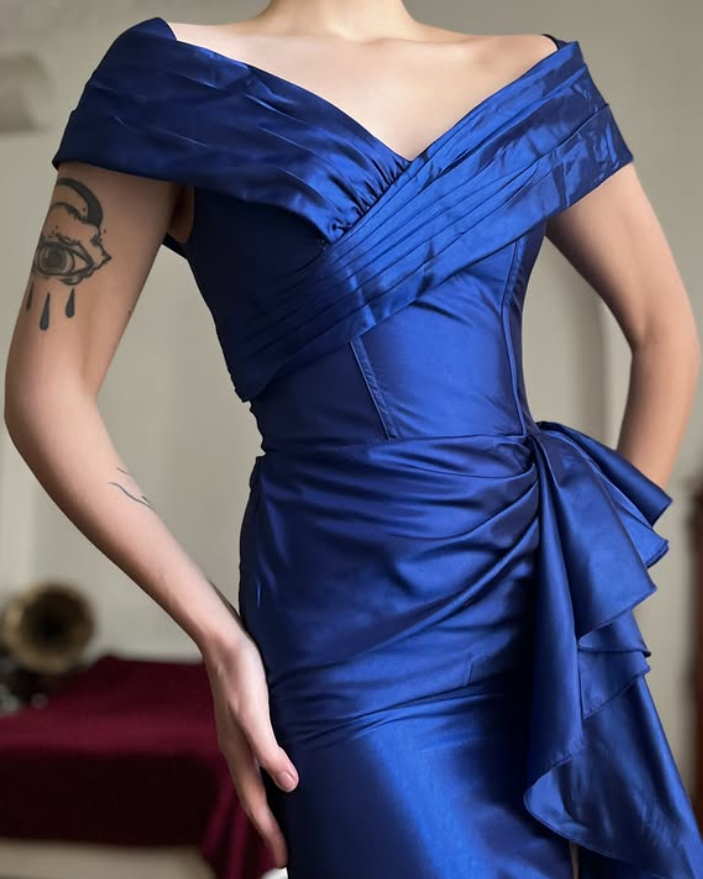 Vintage Royal Blue Mermaid V Neck Satin Slit Prom Dress Evening Dress Date Dress DP5706