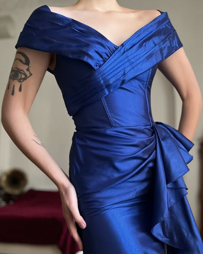 Vintage Royal Blue Mermaid V Neck Satin Slit Prom Dress Evening Dress Date Dress DP5706
