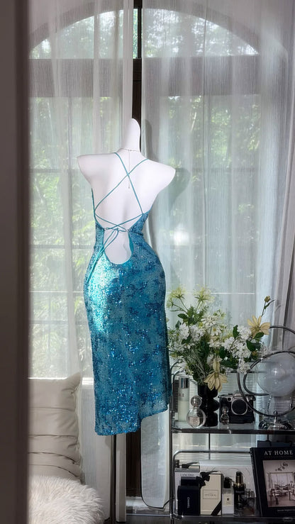 Blue Sheath Black Sheath Spaghetti Straps Beaded Sequin Chiffon Prom Dress Party Dress DP5815