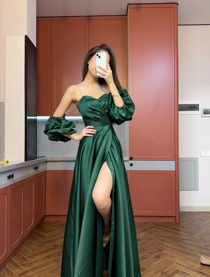Emerald A Line Sweetheart Neck Satin Long Prom Dress Evening Dress with Slit DP6928
