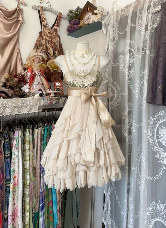 Vintage A Line Spaghetti Strap Golden Sequin Layered Chiffon Short Homecoming Dress Cocktail Dress DP2487