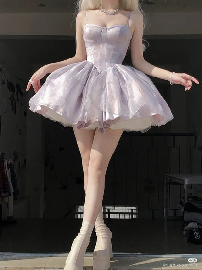 Purple A Line Sweetheart Neck Print Flower Chiffon Short Homecoming Dress Cocktail Dress DP2638