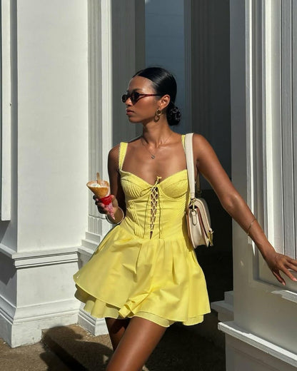 Simple Bright Yellow A Line Straps Satin Short Prom Dress Homecoming Dress Outfits DP6817