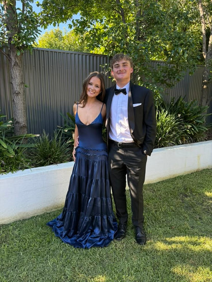 Sexy Backless Navy Blue A Line Spaghetti Strap Satin Long Prom Dress Date Dress DP6637