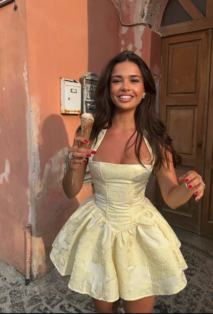 Light Yellow A Line Halter Print Satin Short Prom Dress Homecoming Dress DP7147
