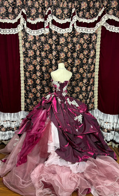 Vintage Pink Purple Ball Gown Strapless Lace Ruffle Tulle Prom Dress Sweet 16 Dress DP5658